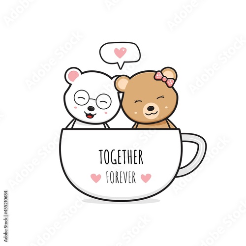 Cute bear couple in a coffee cup cartoon doodle card icon illustration
