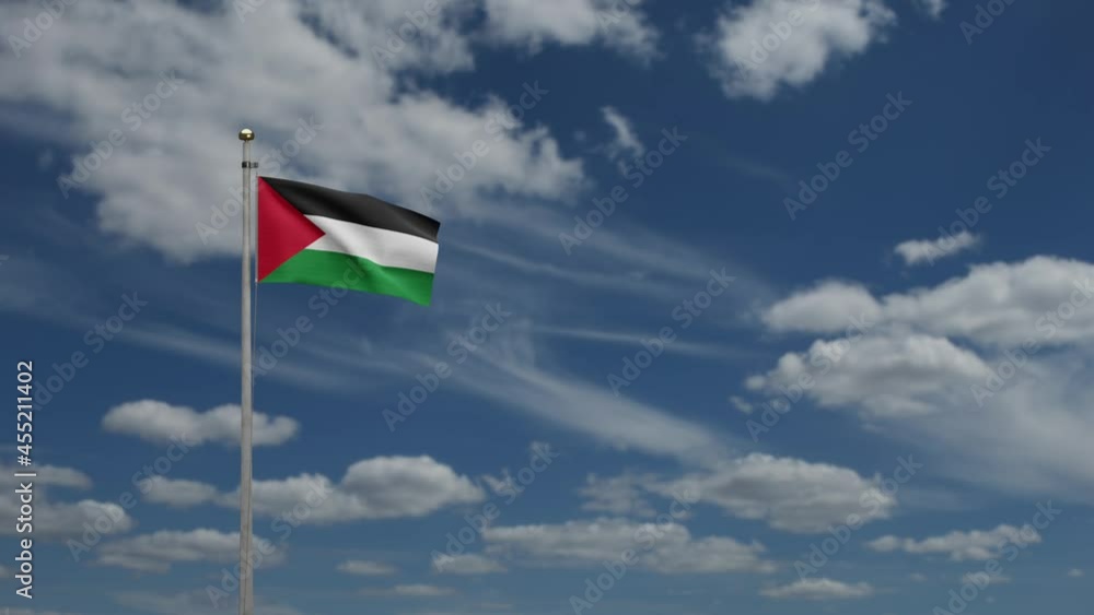 3D, Palestinian flag waving on wind with blue sky and clouds. Close up of Palestine banner blowing and smooth silk. Cloth fabric texture ensign background.-Dan 3D, Palestinian flag waving on wind with blue sky and clouds. Close up of Palestine banner blowing and smooth silk. Cloth fabric texture ensign background.-Dan