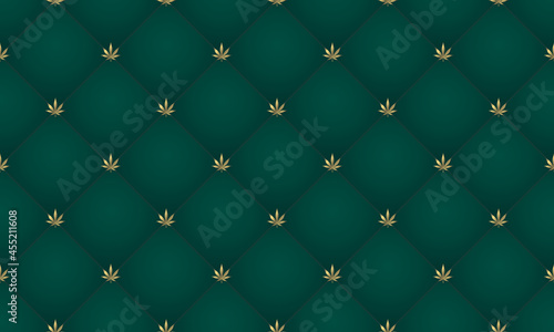 Cannabis leaf Seamless pattern. Green abstract upholstery background with golden marijuana leaf. Vintage sofa texture