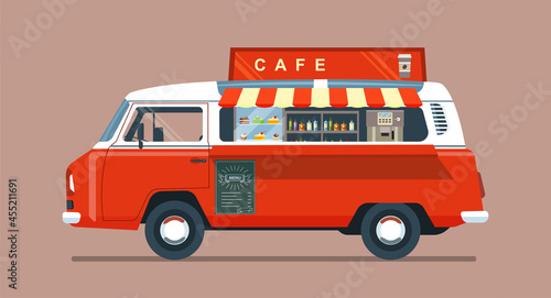 Food truck van isolated. Cafe on wheels. Vector illustration.