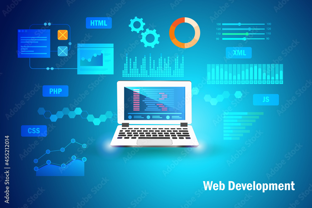 Web development concept. Software coding and programming on application in laptop computer devices with script language testing and graphical icons.