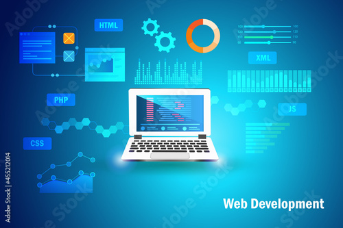 Web development concept. Software coding and programming on application in laptop computer devices with script language testing and graphical icons.