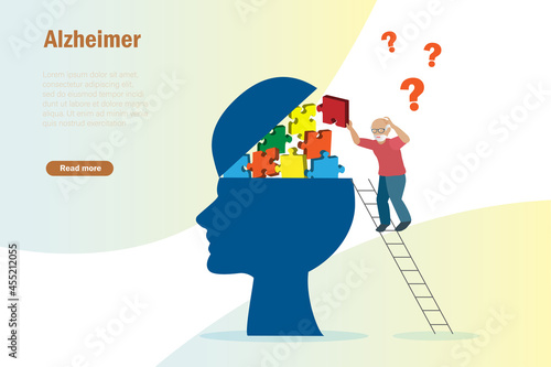 Dementia Alzheimer diseases, memory and brain loss. Elderly man find his missing memories in jigsaw puzzle on human head. Mental health problem and medical care for senior people concept.