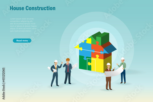 Construction engineer team discussing on building house from jigsaw puzzle. Constuction industry project. vector template, banner.
