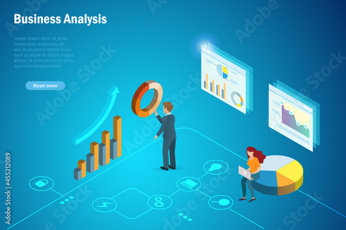 Businessman and woman analysing business growth and sales profit from virtual graph chart. Smart technology develop success solution in business and financial investment. Isometric view.