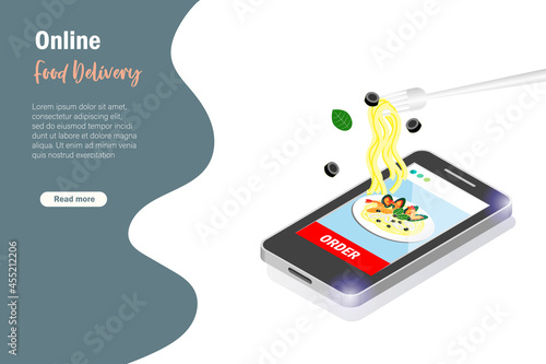 Folk holding virtual spaghetti on plate from smart phone screen. Online foods delivery order, shopping service and e-commerce internet mobile application.