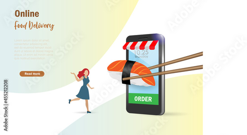 Woman online oder sushi in food application on smart phone with virtual chopsticks holding. Online foods and drink delivery, shopping service and e-commerce internet mobile application.
