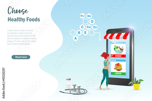 Exercising woman online order healthy food instead of junk food on smartphone application. Fitness lifestyle and online healthy foods delivery  concept.