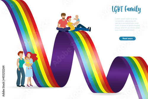 LGBT family with adopted child and rainbow flag identity in gradient ribbon shape. Gay, lesbian, pride culture and LGBTQ transgender community symbol. Vector template and banner.