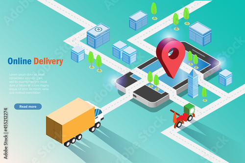 Isometric online logistics. Delivery truck and motorbike on street map with pin point on smart phone screen . Online transportation logistics and delivery business service.