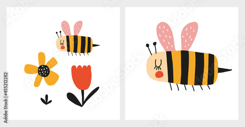 Hand Drawn Vector Illustration with Cute Bee Flying Among Red and Yellow Flowers. Childish Style Print with Happy Bees with Pink Wings. Simple Nursery Art ideal for Wall Art, Poster, Card, Decoration.