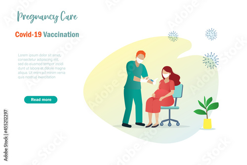 Doctor, nurse injecting covid-19 vaccine to pregnant woman. Medical health care and physical distancing for pregnancy concept.