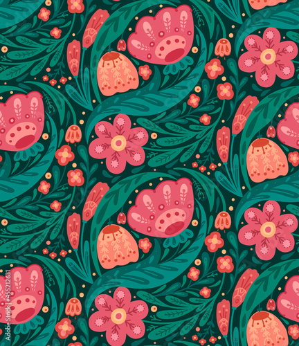 Seamless floral pattern with folk decoration on a green background. Texture with flowers and foliage with a naive ornaments. Vector natural wallpaper with plants with embroidery. Fabric with tulips