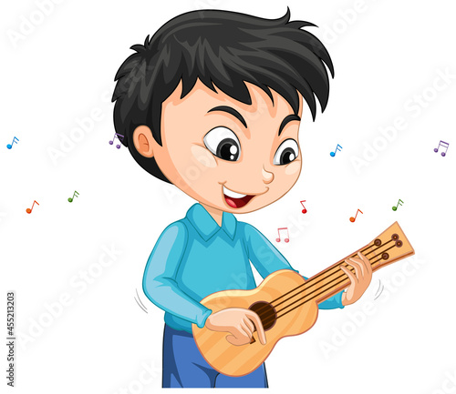 Character of a boy playing ukulele on white background