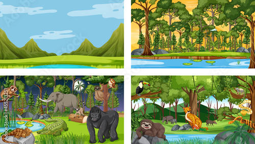 Canvas Print Set of different forest horizontal scene with various wild animals