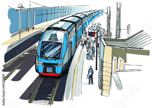 Passengers boarding intercity express train close view
