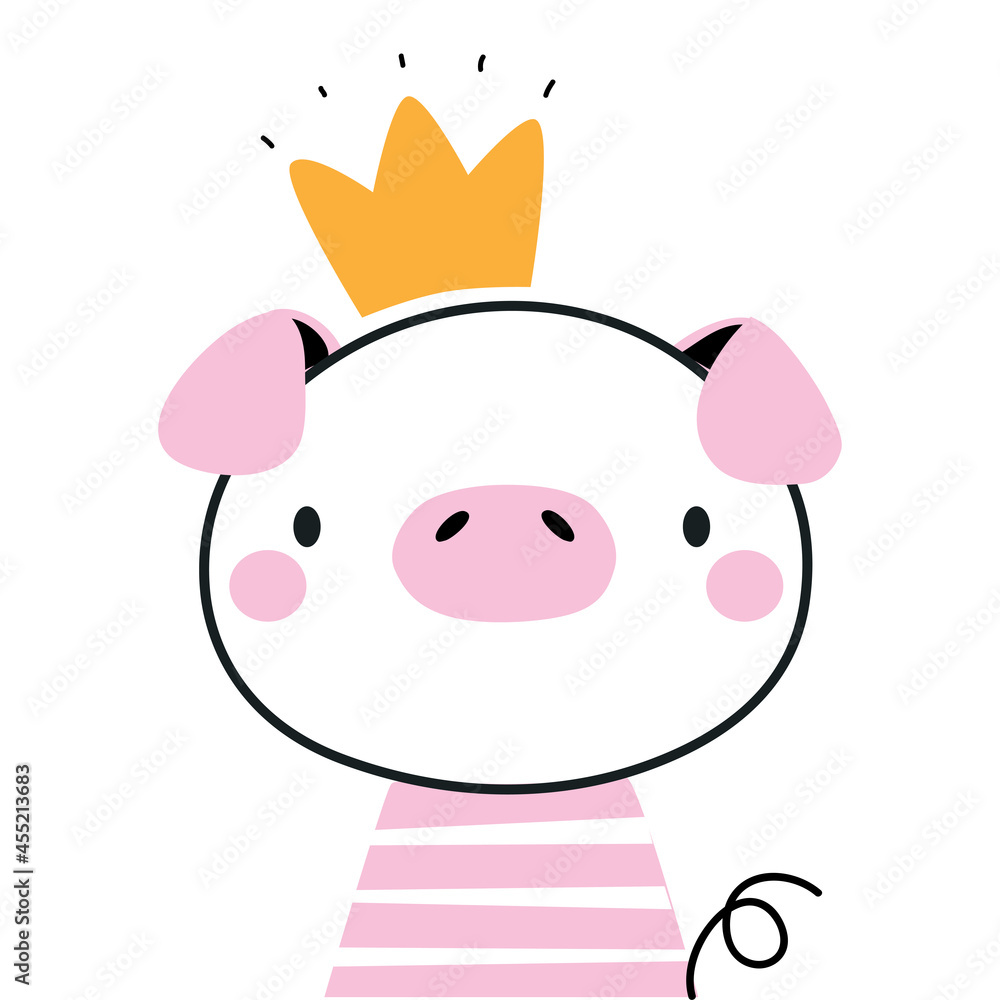 Fototapeta premium Cute Pig as Farm Animal Wearing Gold Crown Vector Illustration