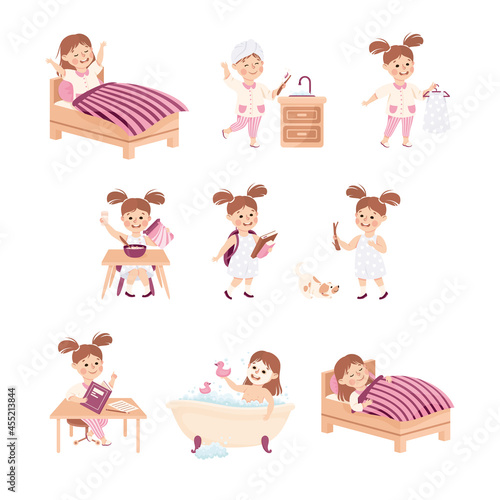 Little Girl Engaged in Daily Activity and Everyday Routine Vector Set