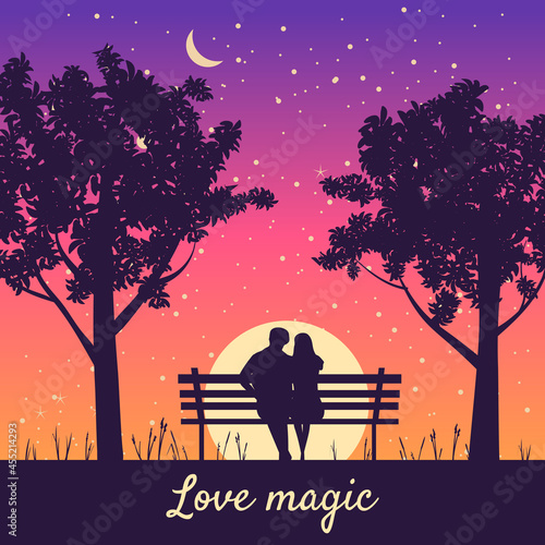 Romantic Couple lovers on bench in park  under trees. Sunset  night  stars. Vector Happy Valentines Day illustration  silhouette