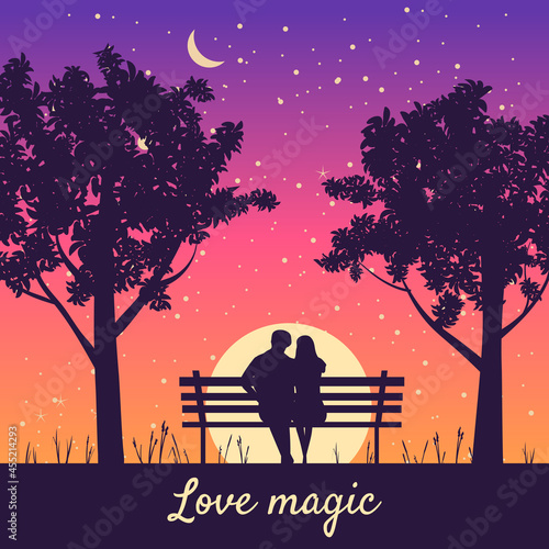 Romantic Couple lovers on bench in park, under trees. Sunset, night, stars. Vector Happy Valentines Day illustration, silhouette