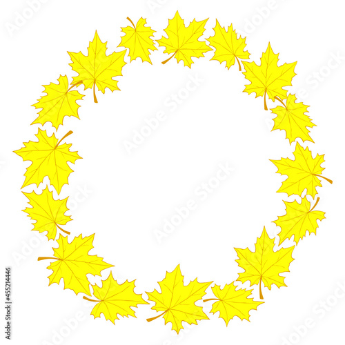 Vector wreath of yellow maple leaves. Round frame in flat style. Theme of happy fall  nature  forest  thanksgiving