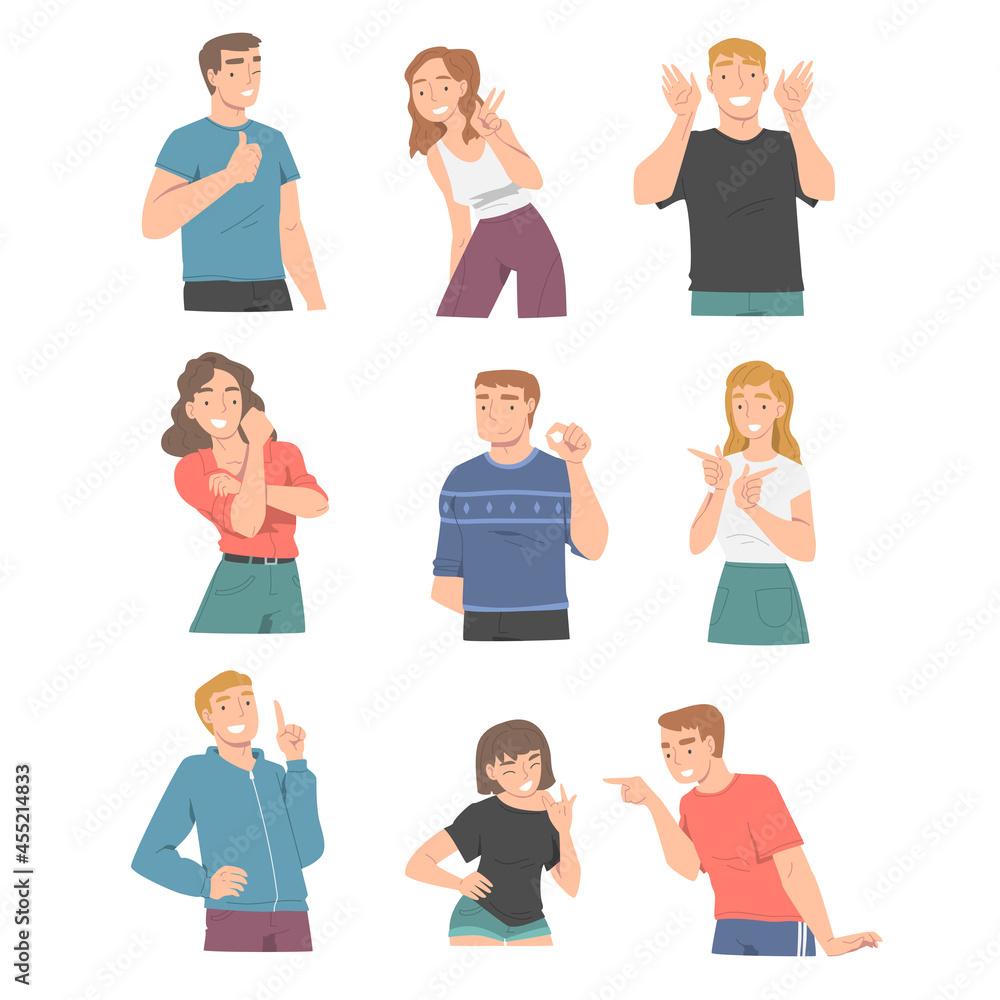 Smiling People Character Showing Different Hand Gesture Vector Illustration Set Smiling People Character Showing Different Hand Gesture Vector Illustration Set