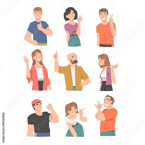 Smiling People Character Showing Different Hand Gesture Vector Illustration Set