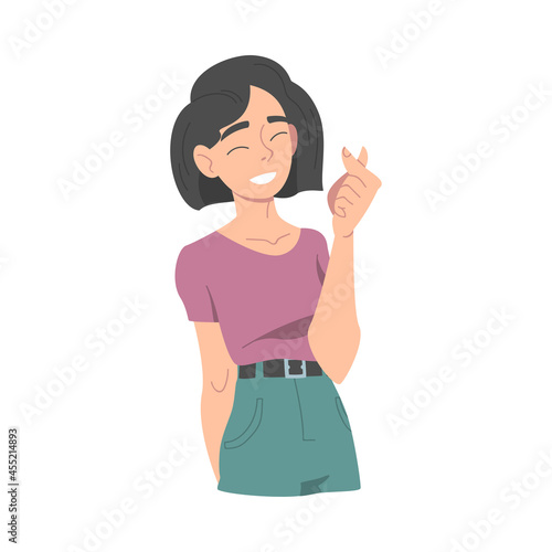 Smiling Woman Character Snapping or Clicking Her Fingers as Hand Gesture Vector Illustration