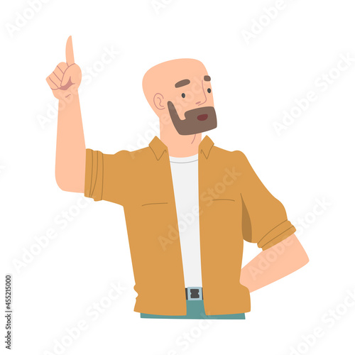 Bearded Man Character Pointing with Index Finger as Hand Gesture Vector Illustration