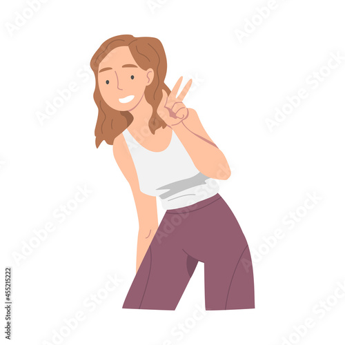 Smiling Woman Character Showing V Sign as Victory Hand Gesture Vector Illustration