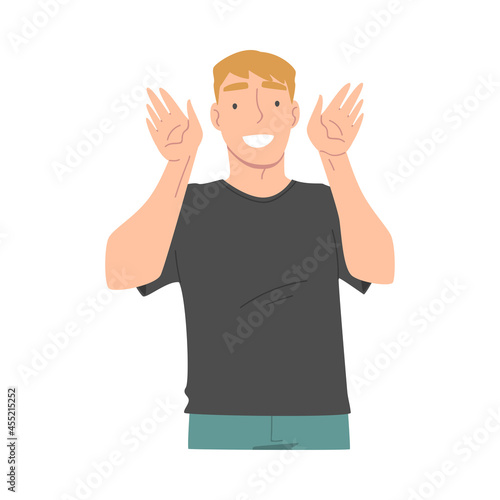 Smiling Man Character Waving Hand as Greeting and Salute Gesture Vector Illustration