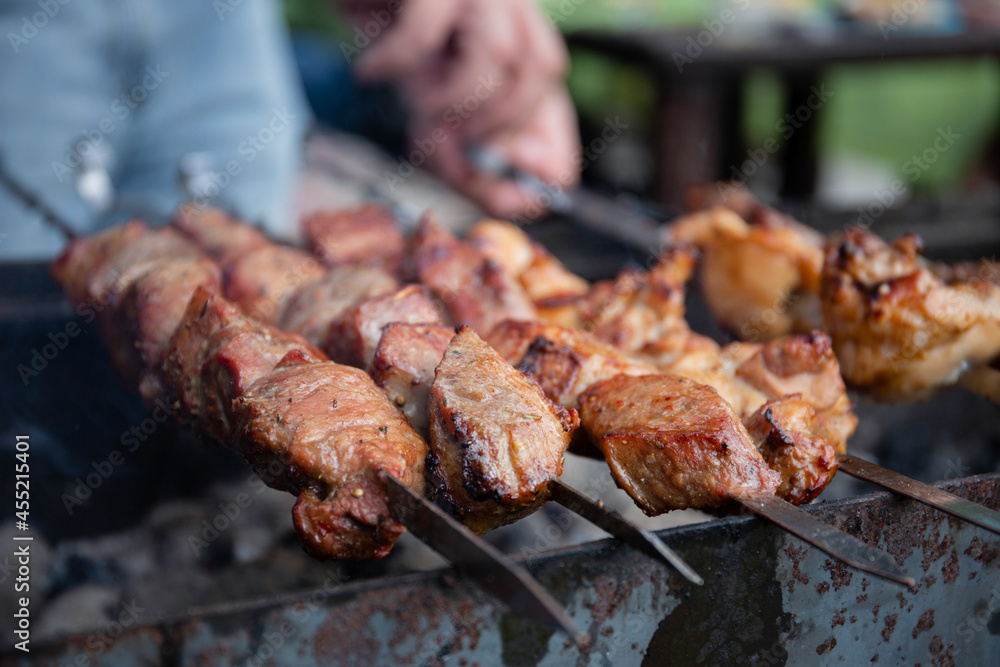BBQ picnic with kebabs and meat on an open fire on a summer day in the backyard of a private house. BBQ picnic with kebabs and meat on an open fire on a summer day in the backyard of a private house.