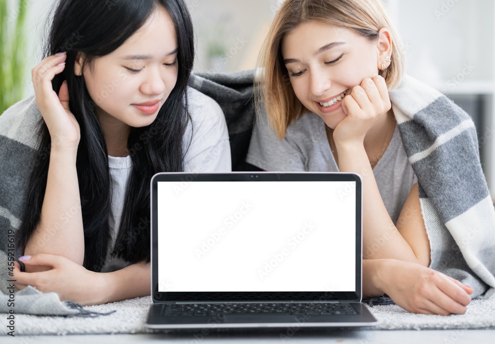 virtual conference happy female friends home virtual conference happy female friends home
