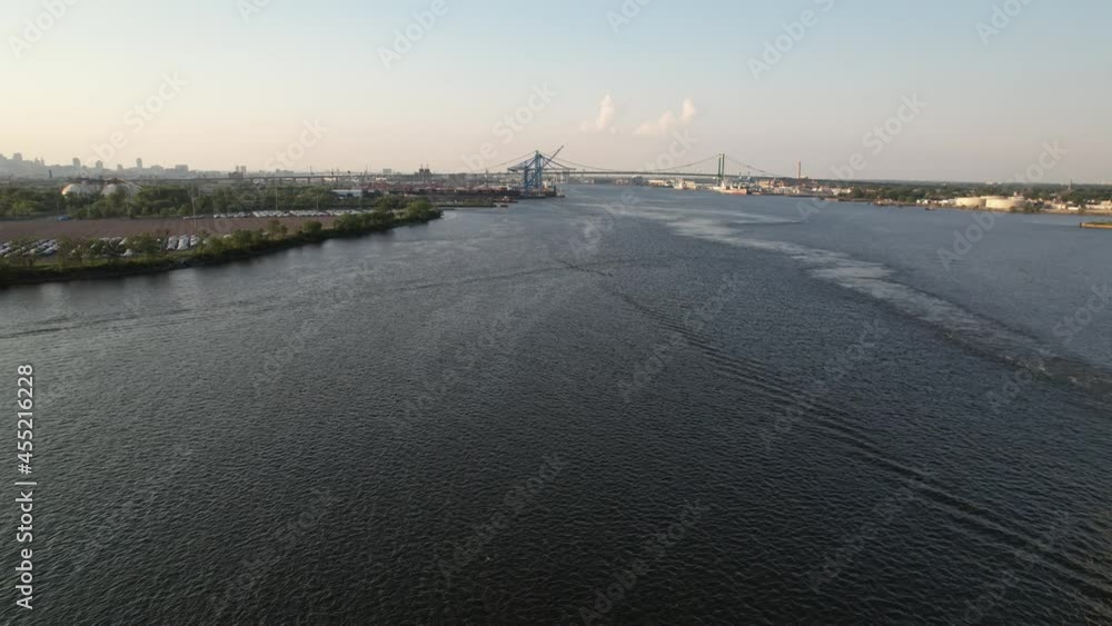 Aerial view of Vehicle Car Carrier Ship Leaving Port of Philadelphia Aerial view of Vehicle Car Carrier Ship Leaving Port of Philadelphia