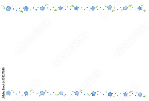 可愛い青い花の水彩イラスト　フレーム　装飾ライン　枠　メッセージカード　コピースペース