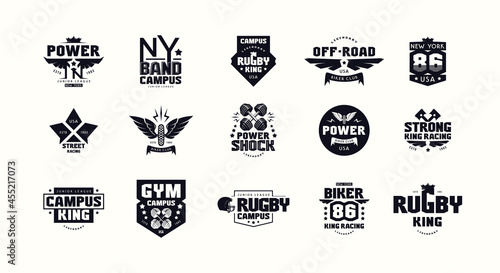 Sport emblems and badges of gym, racing, rugby, biker