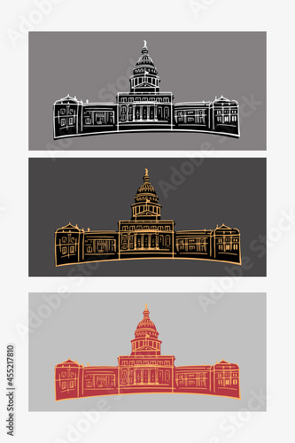 Texas Capitol Building in Austin. Vector hand draw sketch illustration. Set in monochrome.