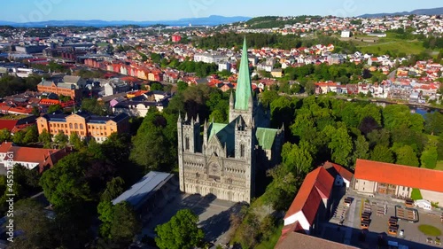 Norwegian cathedral Nidarosdomen during golden hour in Trondheim photo