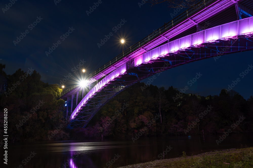 Obraz premium Victoria Bridge lit up at night in Hamilton, New Zealand