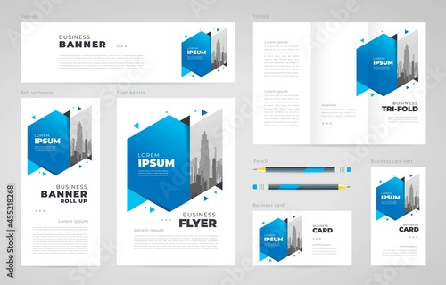 Abstract hexagon theme Set flyer cover, tri-fold, banner, roll up banner, business card blue color