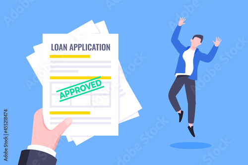 Hand holds loan approval application paper sheets document. Mortgage or credit form with stamp approved and happy person jumping behind flat style design vector illustration.
