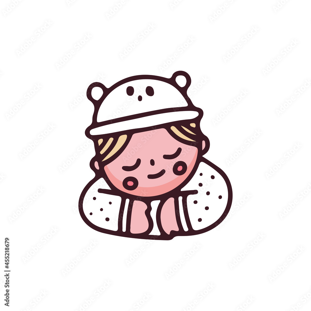 Kawaii baby with white bear hat sleeping. illustration for t shirt, poster, logo, sticker, or apparel merchandise. Kawaii baby with white bear hat sleeping. illustration for t shirt, poster, logo, sticker, or apparel merchandise.