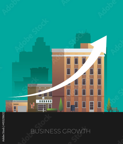 Growth of business. Buildings of company small, middle and big. Flat vector.