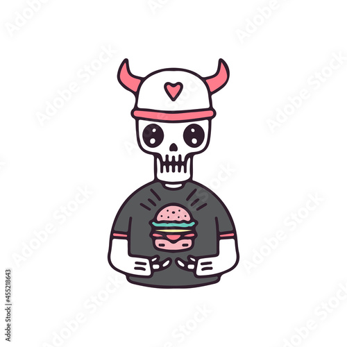 Cute viking skull with burger. illustration for t shirt, poster, logo, sticker, or apparel merchandise.
