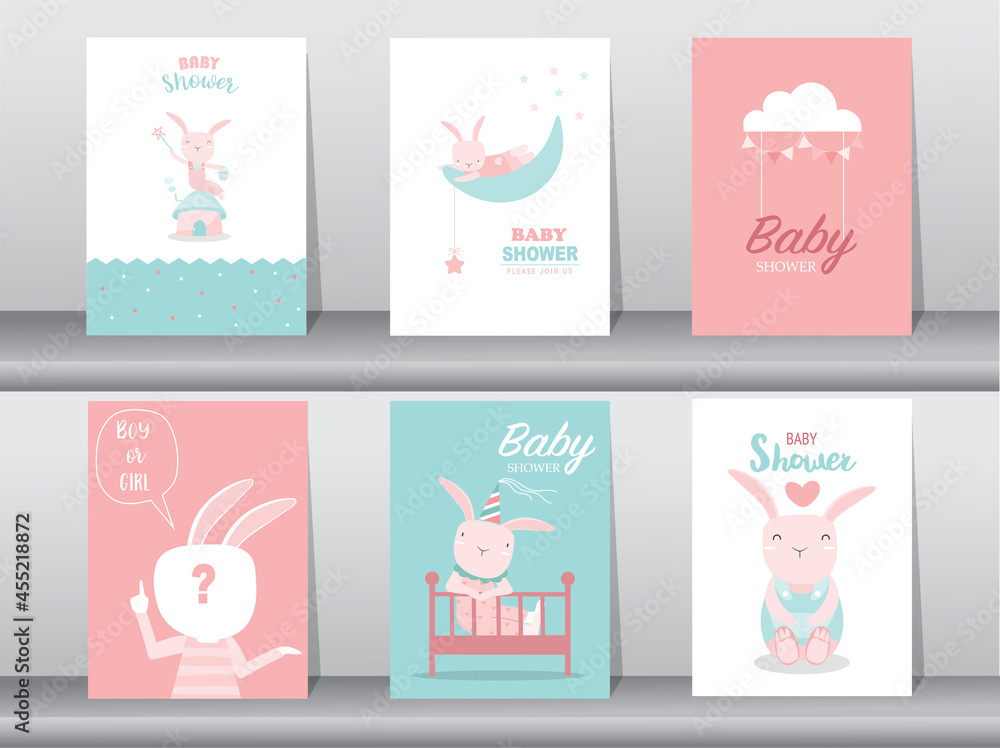 Fototapeta premium Set of baby shower invitations cards,poster,greeting,template,cats,cute,animal,Vector illustrations.
