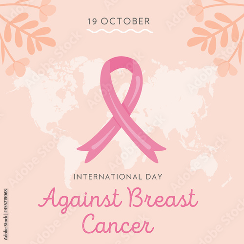International Day Against Breast Cancer card. Vector square banner template for mammary cancer solidarity campaign with pink cartoon ribbons and world map on background. Illustration in flat style.