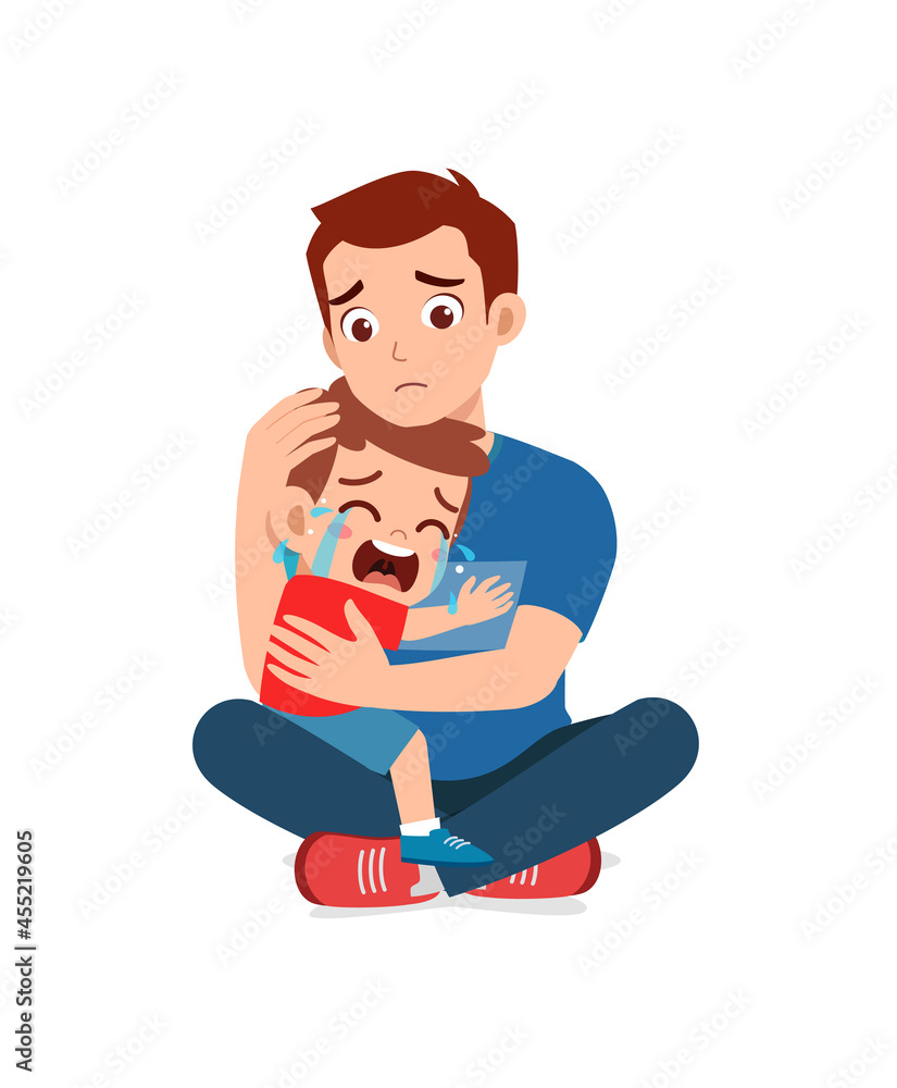 young father hug crying little boy and try to comfort young father hug crying little boy and try to comfort