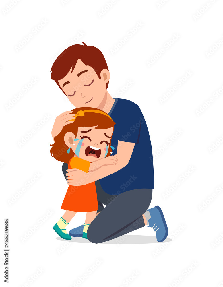 young father hug crying little girl and try to comfort