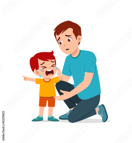 young father hug crying little boy and try to comfort