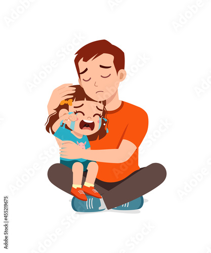 young father hug crying little girl and try to comfort